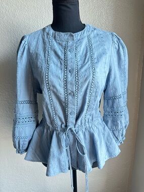 Wonderly Light Blue Lace-Trim Peplum Button-Up Blouse